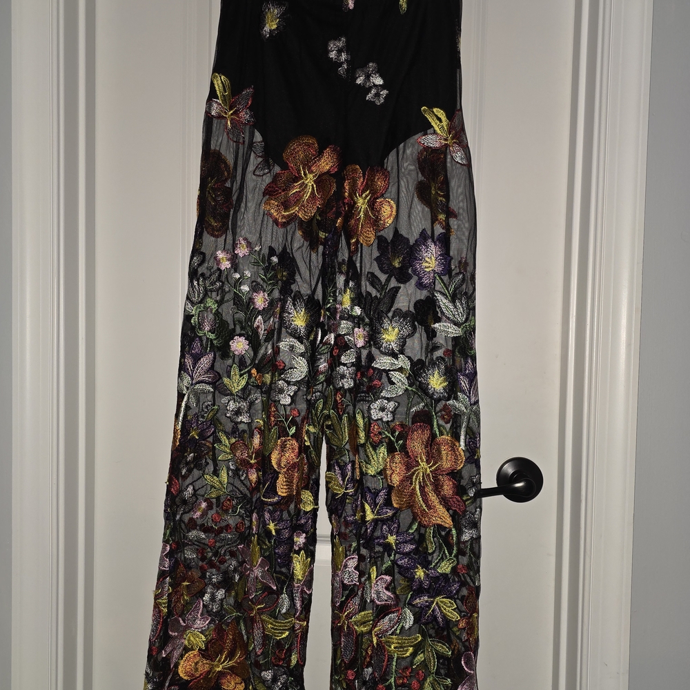 SHEIN Black Floral Embroidered Pants
